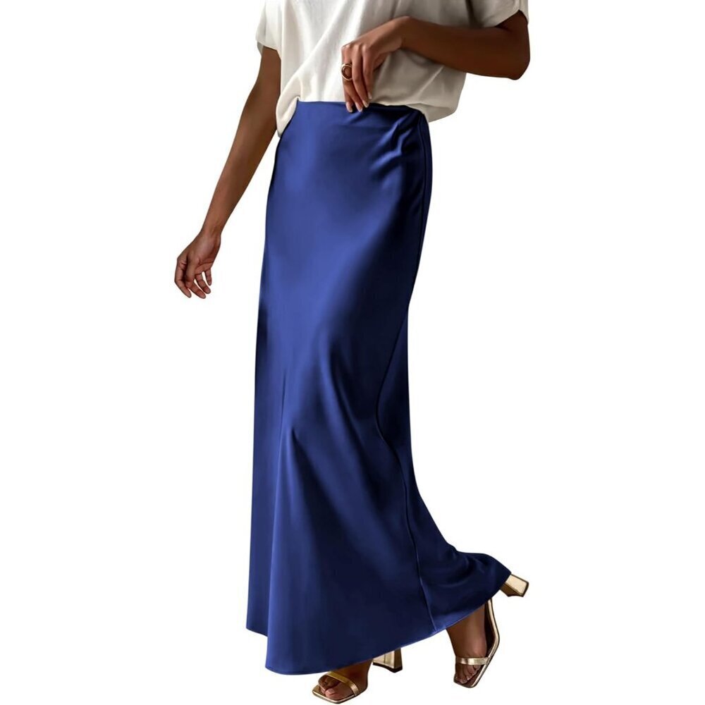 Women Navy Blue Maxi Dressy Casual Zipped High Waisted Silk Elegant Long Skirt